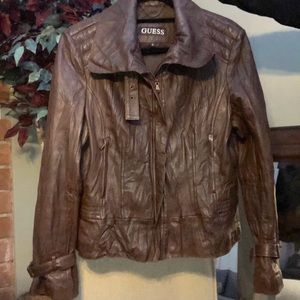 Guess dark brown distressed leather jacket